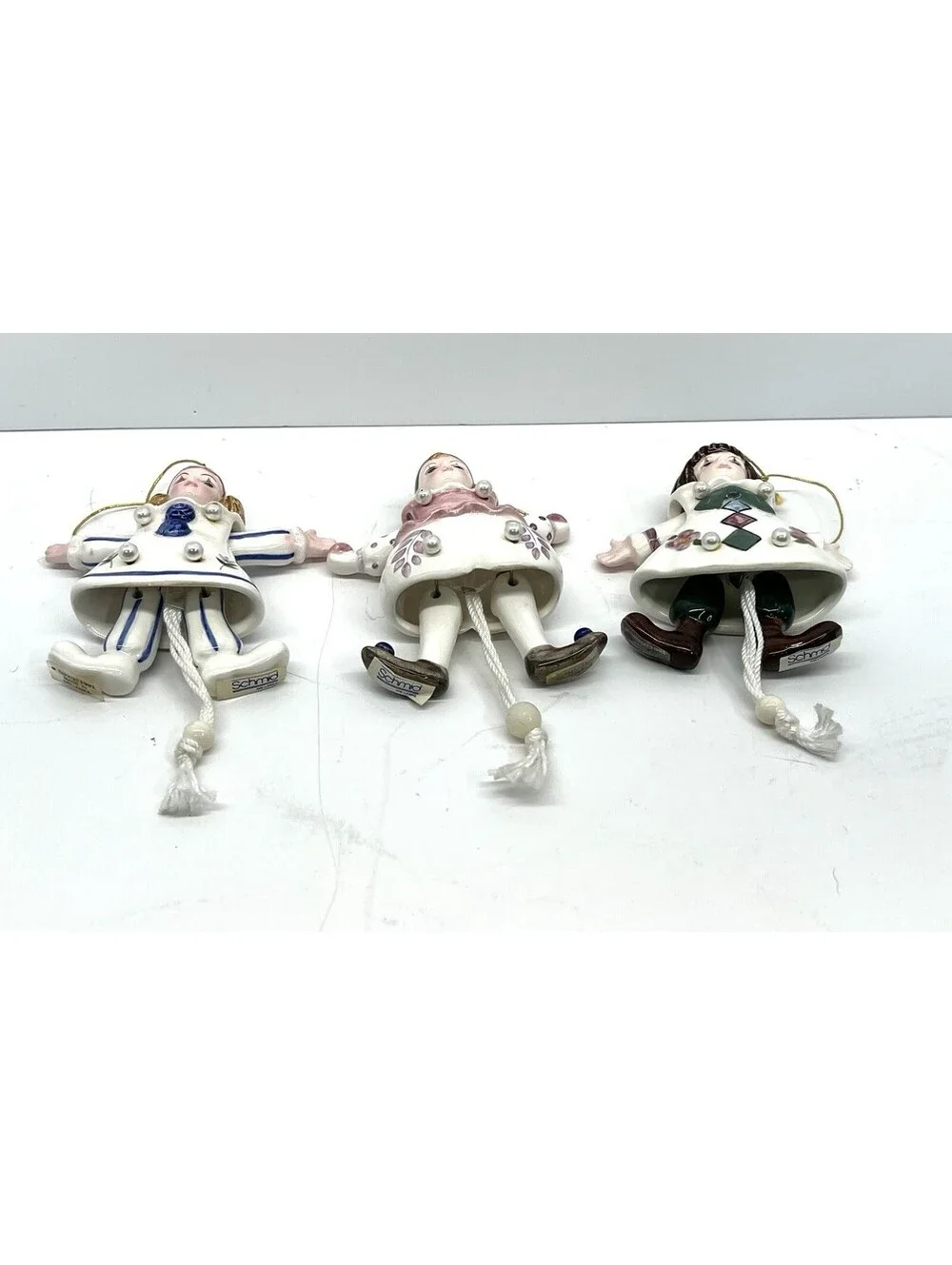 3 Schmid Ceramic Porcelain Pull String Dancing Clown Clowns 1991 Ornament Figure